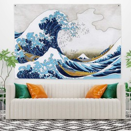 YongFoto 150x130cm Japanese Ukiyo-E Tapestry, Great Wave Wall Hanging Kanagawa Fuji Polyester Fiber Tapestry for Porch Hangings Decor Living Room Dorm Bed Cover Wall Art