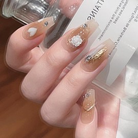 Pure Handmade Nails Press on Nail Reusable Fake Nails GoldenHeart FlowerWhite Bling Bling Medium Stick on Nails French Tip False Nails 10pcs (L, Q289)