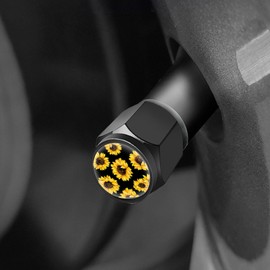 Tire Valve Stem Caps Cover,4 Pcs Metal Black Air Valve Cap, Aluminum Car Wheel Stem Caps,Universal Stem Covers for Cars,Trucks,Bikes,Motorcycles,Corrosion Resistant (Sunflower)