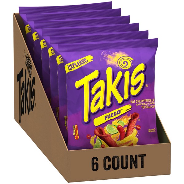 Takis Fuego Rolled Spicy Tortilla Chips, Hot Chili Pepper Lime Flavored Hot Chips, Multipack 6 Individual Bags, 4 Ounces Each