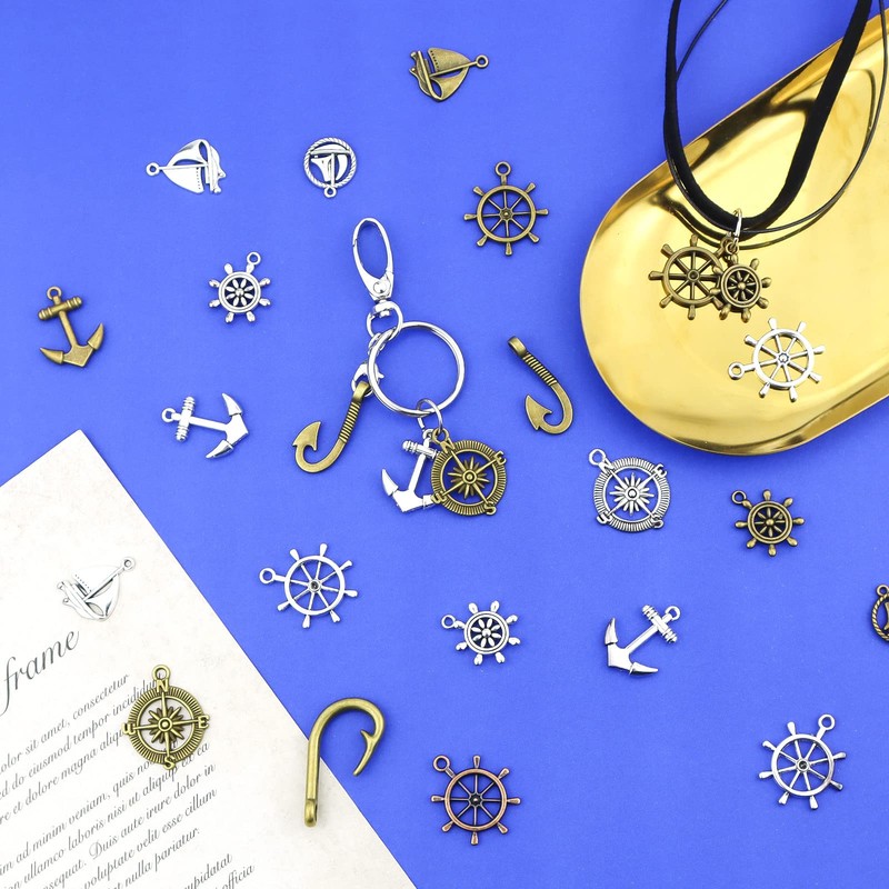 JIALEEY Nautical Anchor Rudder Helm Compass Charms, 100 Grams Mixed