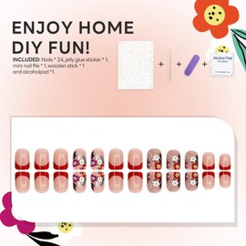 Short Square Press on Nails Glossy French Tip Fake Nails with Flowers Designs Spring Summer Orange False Manicure Stick on Coffin Acrylic Artificial Manicure for Women Finger 24 Pcs