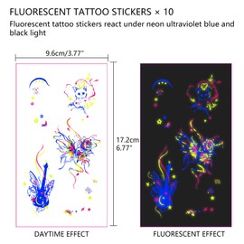 Musiin Fluorescent Tattoo Stickers, Temporary Tattoos for Music Festivals/Parties, etc., Ten Sheets with Various Patterns, Suitable for Arms and Legs, Fluorescent Effect Under Ultraviolet Light