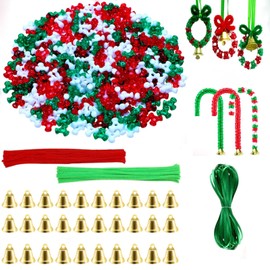 1000Pcs Christmas Tri Beads Plastic Beaded Ornament Kit with 30 Pcs Red and Green Chenille Stems Pipe Cleaners, 30 Pcs Bells and 10m Ribbon for Christmas Tree House Decorations Party DIY Craft Kit