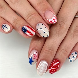 4th Of July Press On Nails Short Almond Fake Nail Independence Day Nails Press Ons With American Flag Polka Dot Star Designs Full Cover Acrylic False Nails Artificial Glue On Nails For Women