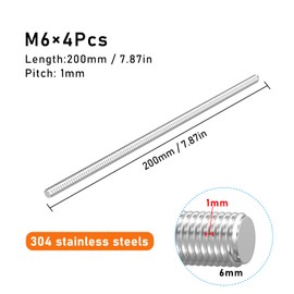 SCOOYUCK Pack of 4 Fully Threaded Rod M6 × 200 mm 304 Stainless Steel DIN 975