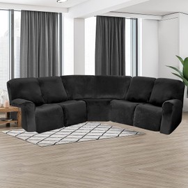 MIFXIN 5 Seat Recliner Sofa Covers 7 Piece Velvet Stretch Soft 5-Seat Corner Reclining Sofa L-Shaped Sectional Couch Slipcovers Furniture Protector (Black)