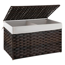 OIAHOMY Storage Basket with Lid, 27.7 Gallon (105L) Blanket Basket with Removable Liner Bag, Synthetic Wicker Basket with Handle, Foldable, Large Handwoven Basket for Bedroom, Living Room, Brown