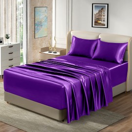 Homiest 4pcs Extra Deep Pocket Satin Sheets Queen Size Bed Set, 18-24 Inch Deep Pocket Bed Sheets Purple Satin Sheet Set, Silky Satin Bedding Set Luxury Fitted Sheet Set Fits Ultra Deep Mattress