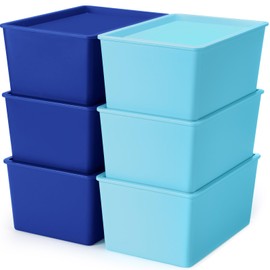 Menkxi 6 Pcs Storage Bins with Lids Small Plastic Storage Containers Stackable Storing Baskets Box Cute Organizer Bins for Organizing Shelves (Blue Series)