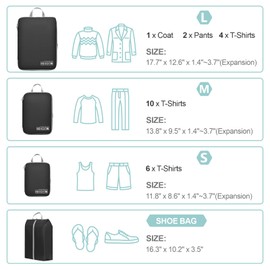 Cambond Compression Packing Cubes for Travel, 5 Pack Luggage Expandable Packing Organizers Compression Cubes for Suitcases with Shoe Bag (Black)