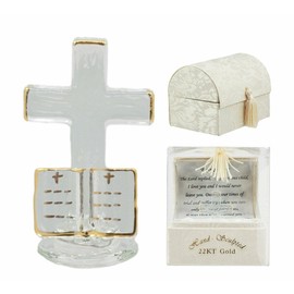 Ebros 22K Gold Footprints Cross On Holy Bible Inspirational Glass Art Figurine