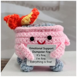 Emotional Support Crochet Dumpster Fire with Positive Card Cute Room Decor Knitted Toys Funny Crochet Support Buddies Gifts for Friends (Pink)