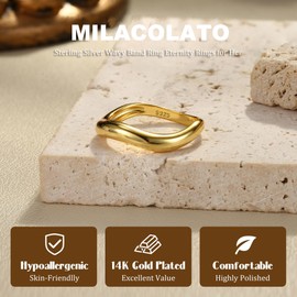 MILACOLATO 14K Gold Plated Wavy Stackable Ring for Women, S925 Sterling Silver Ring, Twisted Wave Band, Silver/Gold Eternity Rings for Womens G10