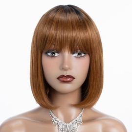 Rebecca Beauty Bob Wig with Bangs Human Hair Ombre Brown Straight Bob Wig with Very Light Yaki 10 Inch Short Non Lace Bob Wig for Black Women (Color TT1B/30)