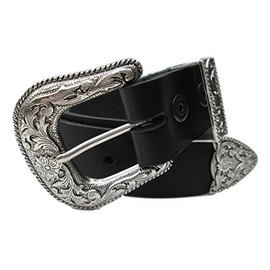 Dangerous Threads Classic Western Belt, Black Leather, 1 1/2" wide, with Engraved 3 piece Buckle Set Size 30-72 (38)