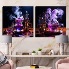 DesignQ overszied Traditional Canvas Wall Decor Set - Large Purple Canvas Wall Art - Samba De Siphon With Tea Set Of 2-33x16 Inches -Multipanel Coffee Canvas Set