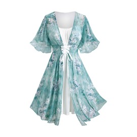 Rosegal Women Plus Size Bohemian Hawaii Floral Scoop Neck Flutter Sleeves Lace-up Towfer 2 in 1 Summer Dress Casual Vacation Flowy Dress(Green_1/4X)