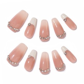 Allvounail Press on Nails 100% Handmade French Tip White Full Cover Acrylic Reusable False Nails for Women Medium Coffin 10 Pcs(Nude Gem,M)