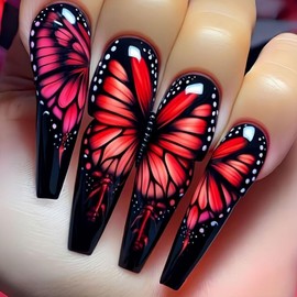 French Press on Nails Butterfly Fake Nails Long Coffin Glue on Nails Gradient Stick on Nails Glossy Full Cover Artificial Acrylic False Nails Multiple Colors to Choose from Reusable Nails for Women