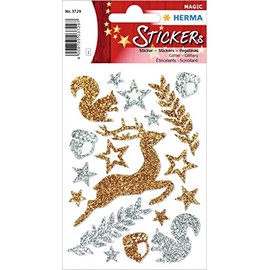 HERMA 3729 Aufkleber Waldtiere Glitzer klein groß, 17 Stück, Tiere Sticker mit Rentiere Eichhörnchen Motiv, Kinder Etiketten für Weihnachten Nikolaus Scrapbooking Geburtstag Deko Briefe DIY Basteln