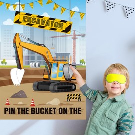 Pin The Bucket on The Excavator Party Games -Construction Themed Birthday Games for Kids Boys with 21'' x 28'' Truck Game Poster, Resuable Stickers Construction Party Supplies Party Favor Sets