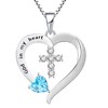 YL Women's Heart Cross Necklace 925 Sterling Silver Created Aquamarine