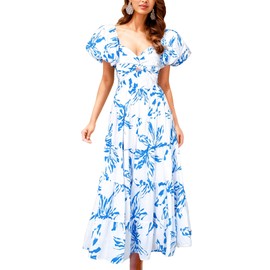 GOLDSTITCH Women's 2025 Boho Floral Maxi Dress Puffy Short Sleeve Cutout V Neck Casual Long Beach Dress Light Blue