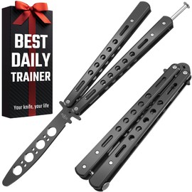 Butterfly Knife - Balisong Trainer - Black Practice Butterfly Trainer with Sure Spring Latch - Balisong Knives NOT Real NOT Sharp Blade - Full Stainless Steel Fake Dull Trick CSGO Fidget Toy K10B