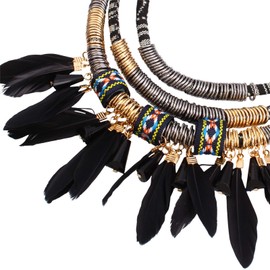 African Tribal Style Feather Pendant Multi Layers Necklace Earring Set Statement Bib Necklaces Feathered Dangle Earring Boho Collar Chains for Women Men-Black
