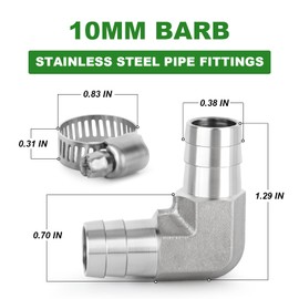 TAISHER 2PCS 304 Stainless Steel 90 Degree Elbow Hose Barb Fittings 10mm Barb x 10mm Barb for Fuel/AIR/Lquid/Gas with 4PCS Hose Clamp