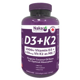 Naka Platinum D3+K2 Super BONUS SIZE 330 Softgels (300 + 30 FREE) Organic Coconut Oil Base for Optimal Absorption.