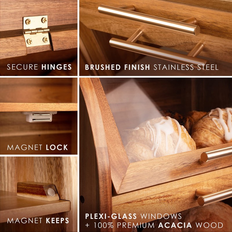 Arise Stylish Acacia Bread Box for Kitchen Countertop, Extra Large