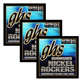 GHS Strings BNR-M Burnished Nickel Rockers, Polished Pure Nickel Electric Guitar Strings, Medium (11-50), Pack of 3