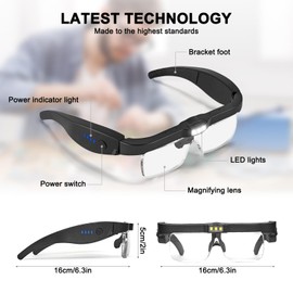 Magnifying Glasses with Light, 0.75X-4.0X Magnifying Glass, Rechargeable Head Magnifier Glasses with 3 LED Lights and 5 Detachable Lenses, Headset Magnifier for Close Work Crafts Jewelry