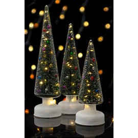 Red Co. Set of 3 (14”, 12”, 10”) Clear Glass Light-Up Decorative Tabletop Christmas Tree Holiday Figurine with LED Lights, Tinsel & Ornaments