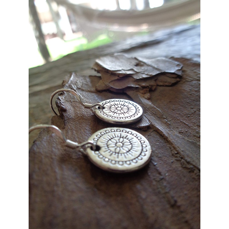 ✿ Small mandala disc 925 silver earring, real silver hook