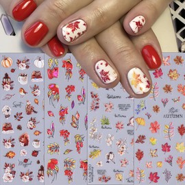 4 Sheets Fall Nail Art Stickers Decals Autumn Maple Leaf Nail Decals Squirrel Bird Fall Nail Design 5D Micro-Embossed Flowers Leaf Nail Supplies Autumn Leaf Nail Sticker for Women Manicure Decoration