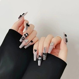 Handmade Nail Tip, Long, Almond, Stiletto False Nails, Pink, Black, Y2K, Cute, Chromi, Painful Nail, Design, Set of 24