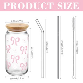 Hebterrka Aesthetic Clean Girl Drinking Glass with Lid and Straw, Glass with Pink Bow, Includes Glass Straw, Iron Straw and Cleaning Brush