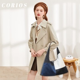CORIOS Women Canvas Handbag Underarm Bag Patchwork Top Handle Bag Retro Shoulder Bag Casual Tote Bag for Travel Work Party Shopping Office Blue