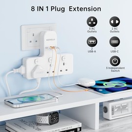 Kemelo Multi Plug Adapter (3250W/13A), Plug Extension Socket with 3 USB, 3 Way Plug Adapter UK Built-in with Independent Switches,Wall Plug Extender for School Home, Kitchen, Office