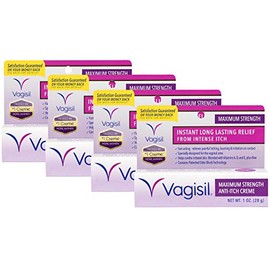 Vagisil Maximum Strength Feminine Anti-Itch Cream with Benzocaine for Women, Helps Relieve Yeast Infection Irritation, Gynecologist Tested, Fast-acting, Soothes and Cools Skin, 1 oz (Pack of 4)