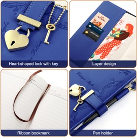 Girls Diary with Lock and Key, Cute Heart Shaped Lock Journal for Women, Refillable A5 Vintage Secret PU Leather Notebook Gift for Teen Girls - Navy blue