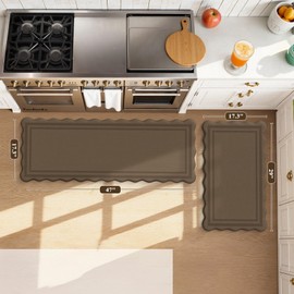 KIMODE Anti Fatigue Kitchen Mats for Floor, Farmhouse Scalloped Rugs for Kitchen Floor, Kitchen Floor Mats Non Slip, Cushioned Standing Mats for Laundry Office Sink Desk Brown 17"x47"+17"x29"