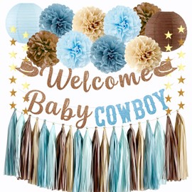 Cowboy Baby Shower Decorations, Welcome Baby Cowboy Banner, Paper Pom Poms, Paper Lanterns, Tassel Garland for Western Rodeo Baby Shower Decor