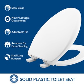 Bemis Aurora Slow Close Toilet Seat, Easy Clean Hinges and Adjustable Perfect Fit Plastic Seat, Made in USA, Elongated, White