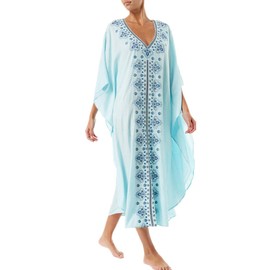 YouKD Summer Cotton Embroidered Flowers Loose Caftan Boho Beach Bikini Cover Up Dress Plus Size Robe for Women, lightblue