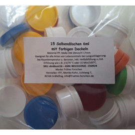 15 Ointment Jars, Cream Jars, Ointment Jugs 6 ml Contents with Coloured Lids, Made in Germany