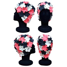 CHEX Anzio Thermal Rubber Floral Ladies Classic Retro 3D Flower Petal 3 Colour Stunning Vintage Style Swimming Hat Swim Cap Generous One Size Adults (Black/White/Hot Pink)